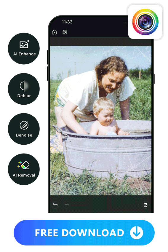 restore an old photo of a mom taking bath for her child with AI Enhance, Deblur, Denoise and AI Removal features